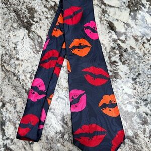 Navy Tie with Multi Colored Lips Print